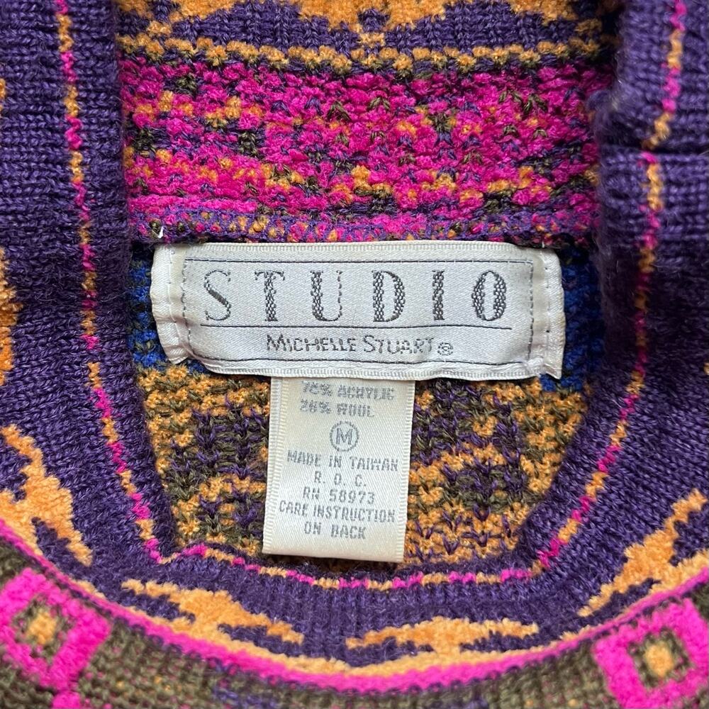 Vintage 80s Floral Pattern Mock Neck Purple Yellow Green Knit Sweater Geometric - Picture 5 of 11